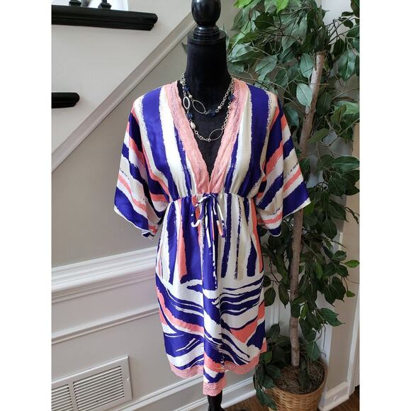 Grass Collection Shift Dress Womens Large Blue White Kimono Sleeve V Neck - Picture 2 of 13